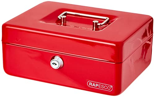 Rapesco SB0008R1 Metal Cash Box with Lock, 3 Keys and Removable Tray, Size 8, Red