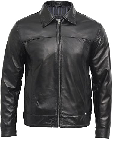 BRANDSLOCK Mens Leather Biker Jacket Harrington Vintage (L, Black)