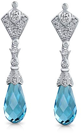 Pendientes de Araña de Estilo Vintage Deco con Gota de Lágrima Facetada Azul Aqua de Circonita Cúbica CZ para Mujeres en Plata de Ley