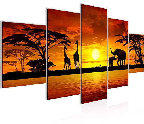 Väggmålningar Afrika Solnedgång 5 Delar Bild på non-woven canvas dekorations vardagsrum Panorama Rosa Grå 000252a