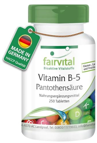 fairvital Vitamin B5, 250 Tabletten, schluckfreundlich, hochdosierte 200mg Pantothensäure, VEGAN, Made in Germany