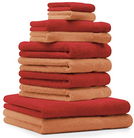 Betz 10-TLG. Handtuch-Set Premium 100% Baumwolle 2 Duschtücher 4 Handtücher 2 Gästetücher 2 Waschhandschuhe Farbe Rot & Orange Terra