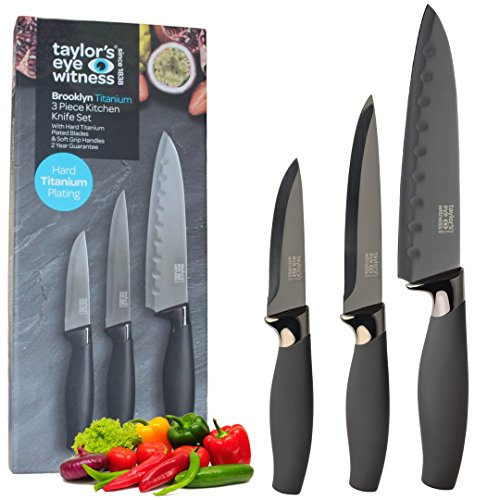 Brooklyn Range Titanium 3 Piece Knife Set - Paring, Utility and Japanese Santoku Knives, with Comfort Grip. Forged from Hollow Ground Stainless Steel, Plated with Corrosion Resistant Titanium