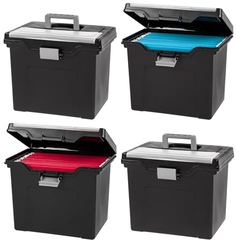 IRIS Lot de 4 boîtes de classement portables USA avec couvercle de rangement intégré et poignée pour dossiers suspendus, taille L, noir