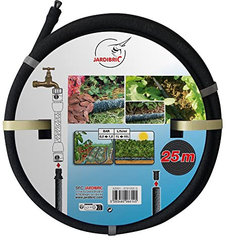 Jardibric - Kit Tuyau Poreux Équipé (25m) - avec Raccord Rapide et Bouchon Débit à 1 Bar de Pression 20 L/h au Mètre Linéaire Longeur Max 50 Mètres