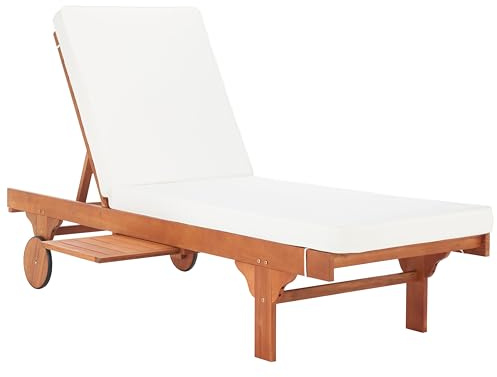 SAFAVIEH Wooden Outdoor Lounge Chair with Adjustable Back with Adjustable Side Table, in Natural and Blue