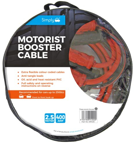 Simply SM400 Zip-bag Motorist Jump Leads Booster Cable 400AMP 2.5M Long Anti-tangle leads Oil acid and heat resistant PVC Fully Insulated Metal Clips and Operating Instructions