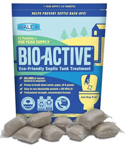 Walex Bio-Active Home Septic Tank Treatment - Strong Digestive Power with Beneficial Bacteria & Enzymes for Liquefying Solids & Breaking Down Waste, Odor Neutralizer -1 Year Supply, 12 Packets