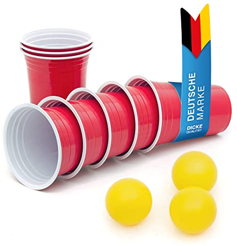 100 Stück Rote Partybecher; Wiederverwendbare Getränkebecher Red Cups Beer-Pong Saufbecher Trinkbecher 16oz Kunststoff Party-Becher Plastikbecher; Set inkl. 3 Tischtennis-Bälle & Bierpong Anleitung