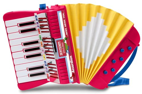 Bontempi 33 1780 dragspel med 17 knappar (C-E) och halvtoner. 6 baser bärrem ingår. Mått 210 x 120 x 210 mm, blå