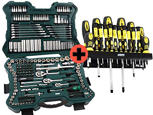Mannesmann Steckschlüssel-/Nuss-/Bitsatz mit Werkzeugkoffer, 215tlg + Mannesmann Schraubendrehersatz mit magnetischen Spitzen und Wandhalterung, 18tl