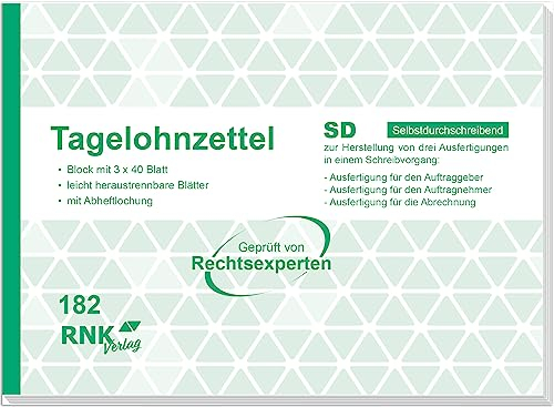 RNKVERLAG 182 - Tagelohnzettel, Block mit 3 x 40 Blatt, selbstdurchschreibend, DIN A5 quer