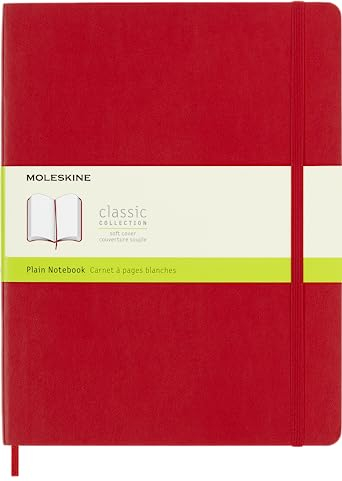 Moleskine Klassisches Notizbuch, Notizbuch mit Weißen Seiten, Weicher Einband und Elastischer Verschluss, Größe XL 19 x 25 cm, Farbe Scharlachrot, 192 Seiten