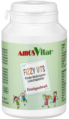 Amosvital Fizzy Vits Kinder Lutschtabletten 50 Tabletten - Kirschgeschmack - Calcium,Vitamin C, Vitamin B1, B2, B3, B5, B6, B7, B9 und Vitamin B12 - VEGAN - LAKTOSEFREI - GLUTENFREI