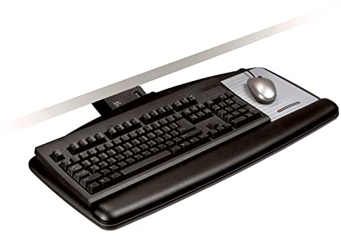3M Sit/Stand Keyboard Tray, Simply Turn Knob to Adjust Height and Tilt, Sturdy Tray Includes Gel Wrist Rest and Precise Mouse Pad, Tray Swivels and Stores Under Desk, 23 Track, Black (AKT170LE)