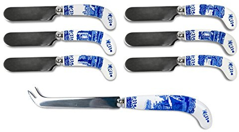 Spode Blue Italian Cheese Serving Set - 8 Inch Stainless Steel Knife and 6 Spreaders with Porcelain Handles, Entertaining Tools for Cheese Boards, Tapas, and Dining Presentation