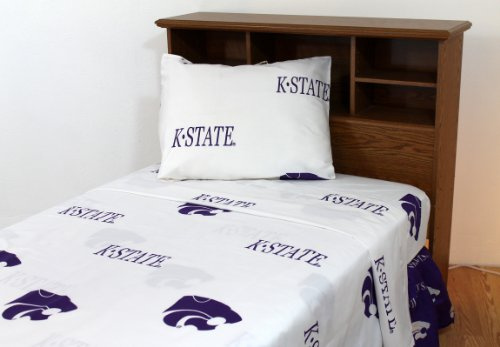 College Covers Everything Comfy Kansas State Wildcats Twin Sized 3 Piece Sheet Set, White Color Background, 1 Flat Sheet, 1 Fitted Sheet, 1 Pillowcase