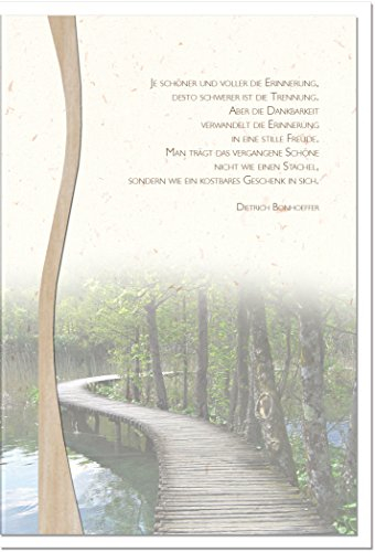 metALUm XXL Trauerkarte A4 Doppelkarte Klappkarte ohne Innentext mit weißem Umschlag – Motiv Holzsteg im Wald – Zitat Dietrich Bonhoeffer