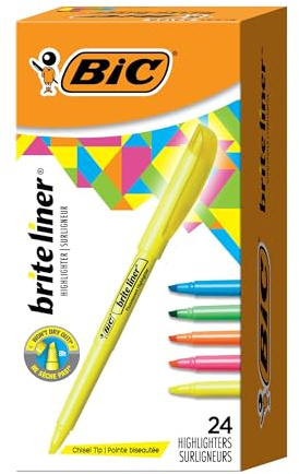 BIC Brite Liner Highlighters, Chisel Tip, 24-Count, Assorted Colors, Ideal Set for Organizing and Coloring, Packaging May Vary, Includes 14-Yellow, 3-Pink, 3-Orange, 2-Green and 2-Blue Highlighters