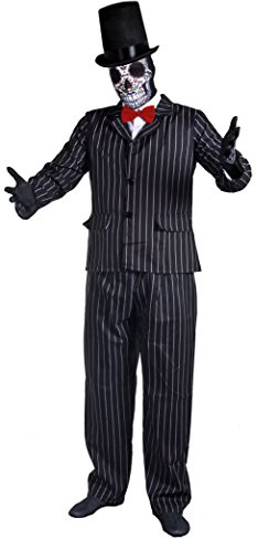DAY OF THE DEAD COSTUME SUGAR SKULL SKELETON TUXEDO HALLOWEEN FANCY DRESS COSTUME FOR MEN - SUGAR SKULL MASK + PINSTRIPE SUIT WITH RED SATIN BOWTIE + TALL DELUXE BLACK FELT STOVEPIPE TOP HAT BY ILOVEFANCYDRESS® MEXICAN SPANISH SENOR DIA DE LOS MUERTOS (XLARGE)