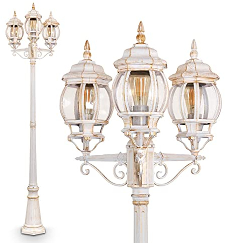 HOFSTEIN Außenleuchte Lentua, Kandelaber in antikem Look, Metall in Weiß/Gold m. Klarglas-Scheiben, 3-armige Wegeleuchte 215 cm, Retro/Vintage Gartenlampe, E27-Fassung, IP44, ohne Leuchtmittel