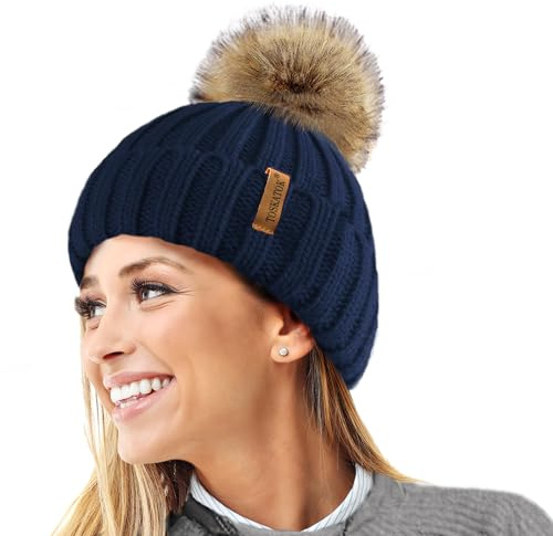 TOSKATOK®Womens Warm Winter Hat Woolly Knitted Beanie with Detachable Chunky Faux Fur Bobble Pom Pom-Navy