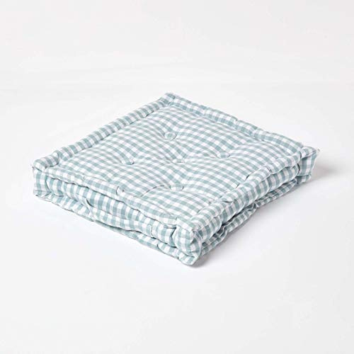HOMESCAPES Blue & White GINGHAM Check Floor Cushion - 100% Cotton - 40 x 40 x 8 cm Square - Indoor - Garden - Dining chair booster Seat Cushion Pad