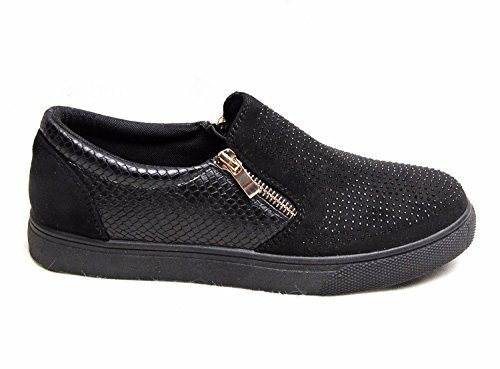 shelikes Womens Diamante Slip On Zip Detail Trainers Pattern Black Skater Sneakers Flat Heel Pumps Shoes_391-1_Black_4