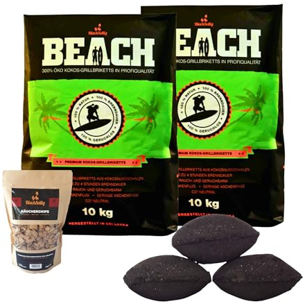 BlackSellig Briquetas para barbacoa de coco de playa, 20 kg, incluye 1 x 360 g, fichas para ahumar de barricas de roble, calidad profesional perfecta