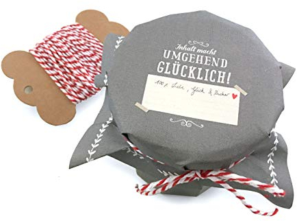 25 Marmeladendeckchen - umgehend glücklich - Gläserdeckchen Grau Weiß für Marmelade, Marmeladengläser & Einmachgläser, Recyclingpapier Abreißblock + 10 m Garn + Justiergummi