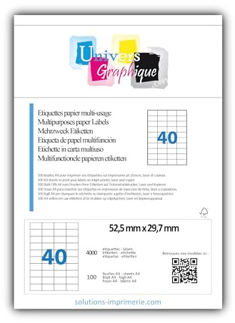 4000 Etiquettes autocollantes 52,5 x 29,7 mm - 100 Feuilles A4 de 40 étiquettes multi-usage compatibles jet d’encre, laser et copieur -Marque UNIVERS GRAPHIQUE REF UGE40