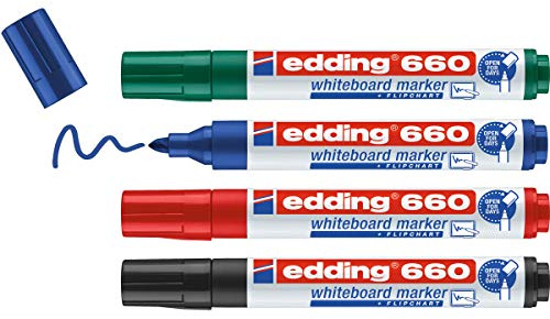 edding 660 whiteboard marker set - multi-coloured - 4 whiteboard pens - round nib 1.5-3 mm - whiteboard pen dry wipe - for whiteboards, flipcharts, magnetic, memo boards - sketchnotes - refillable
