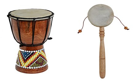 20cm Kinder Djembe Trommel Bongo Drum Deko Bunt Bemalt + Handtrommel Rassel R6