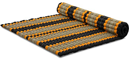 livasia Rollmatte XXL breit Doppelbett - 200x145x4,5cm - Gästebett Gästematratze 2 Personen mit Muster, Reisebett für Kofferraum und outdoor, Thaimatte Kapok Garten und Balkon (Schwarz/Orange)