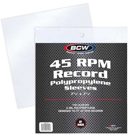 BCW 45 RPM Record Sleeves - 100 Count | Fits Standard 7 Inch Single 45s | Snug-Fit 2 Mil Polypropylene Outer Sleeves | Archival Plastic Covers for Vinyl Record Storage and Protection