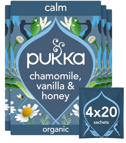 Pukka Herbs | Chamomile, Vanilla and Manuka Honey Organic Herbal Tea Box | Infusion With Licorice & Fennel | Perfect For Calming | Caffeine Free | 4 Packs | 80 Plant Based Biodegradable Tea Bags
