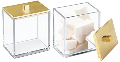 mDesign 2er-Set Wattepad-Spender und Wattestäbchen-Behälter – modernes Aufbewahrungsglas mit praktischem Deckel – Bad-Accessoire aus Kunststoff für Kosmetik- und Pflegeprodukte – durchsichtig/gold