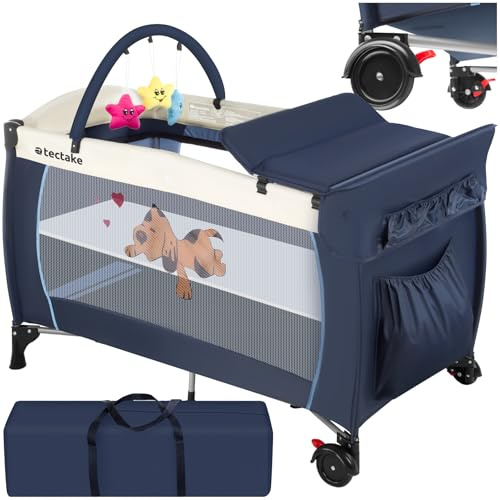 TecTake® Folding Travel Cot with Changing Mat & Side Pocket, Baby Cot with Two Wheels, Bed Insert, Breathable Mesh Sides & Play Arch, Portable Baby Bed, Incl. Carry Bag, From 0-36 Months - Blue