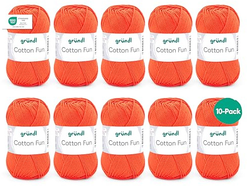 Gründl Wolle Cotton Fun - Wolle zum Häkeln - Strickgarn - Häkelgarn - Pflegeleicht und hautfreundlich - 100% Baumwolle - 10 Knäuel 50 g / 115 m - Nadelstärke 3-4 - Orange
