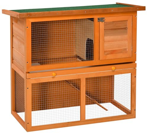 PawHut 2-Tier Rabbit Hutch Wooden Guinea Pig Hutch Double Decker Pet Cage Run with Sliding Tray Opening Top