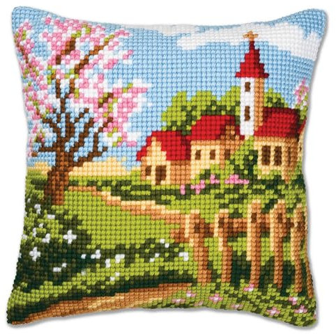 Vervaco Kreuzstich Stickpackungen Kissen Stickerei Set Anfänger Vorgedruckt Frühlingsdorf DIY Set Kreativ Set Für Erwachsene Dekoratives Kissen ca. 40 x 40 cm Bastelset Handwerker Haus Dekoration