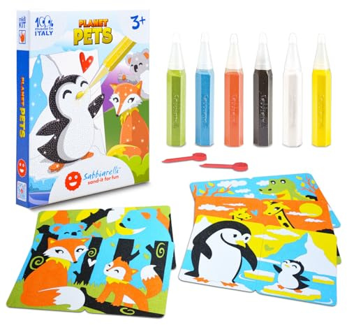 Sabbiarelli – Kit Planet Pets 3+ | 2-i-1-set: Sand Art och djurpar | Innehåller självhäftande motiv, färgad sand och 2 lyftverktyg | 100% Made in Italy | 2 spel i 1 | barn 3-7 år