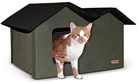 K&H Pet Products Extra-Wide Outdoor Cat House for Outside Pets, Weatherproof Outdoor House for Large Cats, Insulated Kitty Shelter, 2 Doors, Waterproof Removable Floor Pad, Unheated - Olive