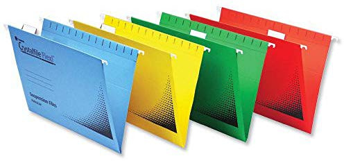 Rexel Foolscap Suspension Files with Tabs and Inserts for Filing Cabinets, 15 mm V-base, Manilla, Yellow, Crystalfile Flexifile, Pack of 50, 3000043