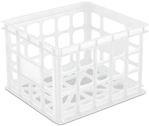Sterilite Storage Crate, Stackable Plastic Bin Open Basket with Handles, Organize Home, Garage, Office, School, White, 6-Pack