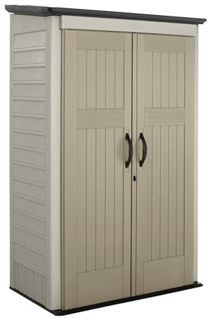 Rubbermaid Vertical Resin Outdoor Storage Shed With Floor (4 x 2.5 Ft) Weather Resistant Beige/Brown Organization for Home/Backyard/Pool Chemicals/Toys/Garden Tools/Porch/Patio Cushions