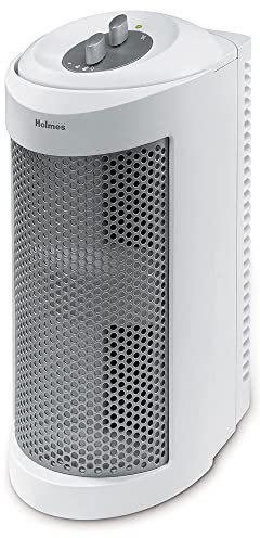 Holmes True HEPA Allergen Remover Mini Tower Air Purifier for Small Spaces, White, Quietly Eliminate Allergy Odor Dust Mold Smoke Pet and Cooking Particles for Cleaner Air