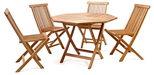 Divero 5-TLG. Sitzgruppe LAMPEDUSA besteht aus 1 achteckigem Klapptisch + 4 x Klappstuhl aus Teakholz, behandelt – Farbe: Braun