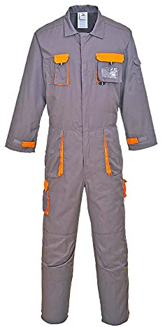 Portwest TX15 Men's Texo Contrast Coveralls Durable Cotton Protective Work Overalls Workwear Knee Pad Pockets Two-Way Zip Elastic Waist Boiler Suit for Mechanics Warehouse Garages DIY, Grey, S