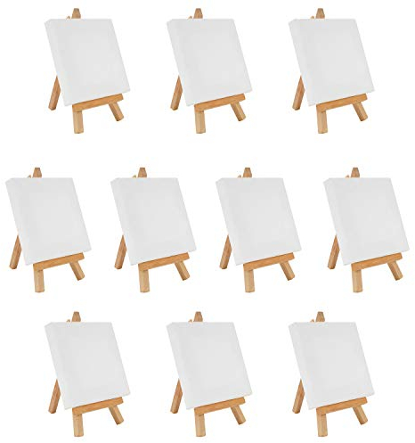 Belle Vous 10Stk Tischstaffelei Holz Leinwand Ständer Set – 10x10cm Leinwand mit Mini Staffelei, Staffelei Holz – Leinwand Bespannt Grundiert – Canvas Painting für Öl-/Wasserfarben, Zeichnen, Kinder